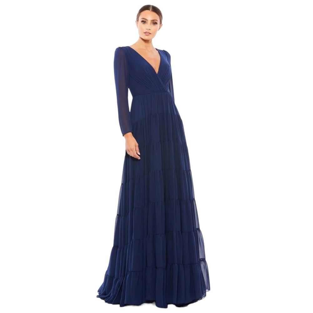IEENA MAC DUGGAL Faux Wrap Illusion Sleeve Chiffon Tiered Gown Midnight Blue 16